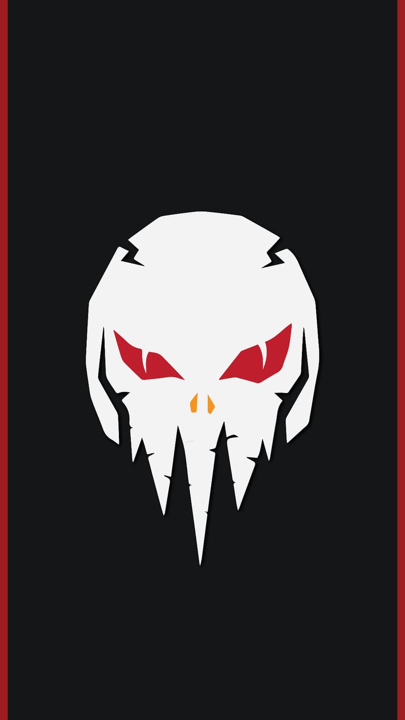 White skull with glowing red eyes and sharp teeth on a black background with thin vertical red borders.