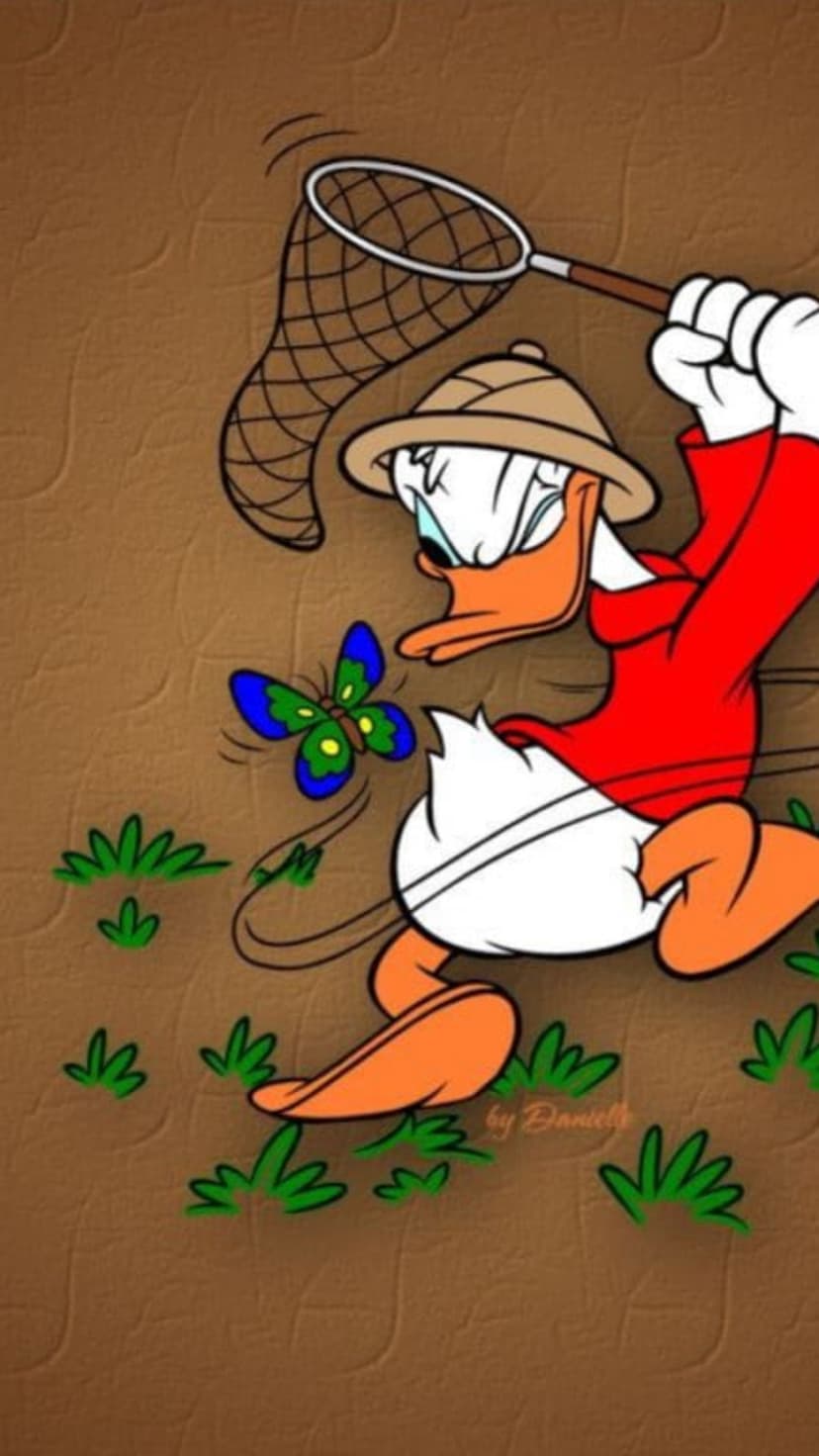Donald Duck wears a safari outfit and swings a net at a flying butterfly over a textured brown background.