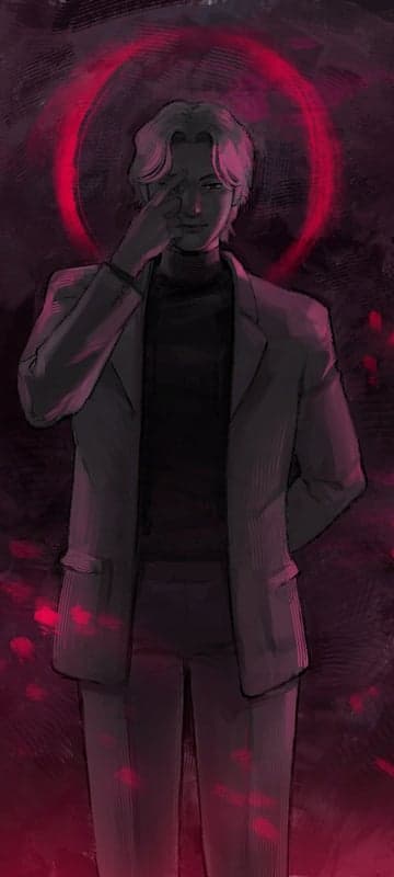 Eerie anime man in suit with red aura
