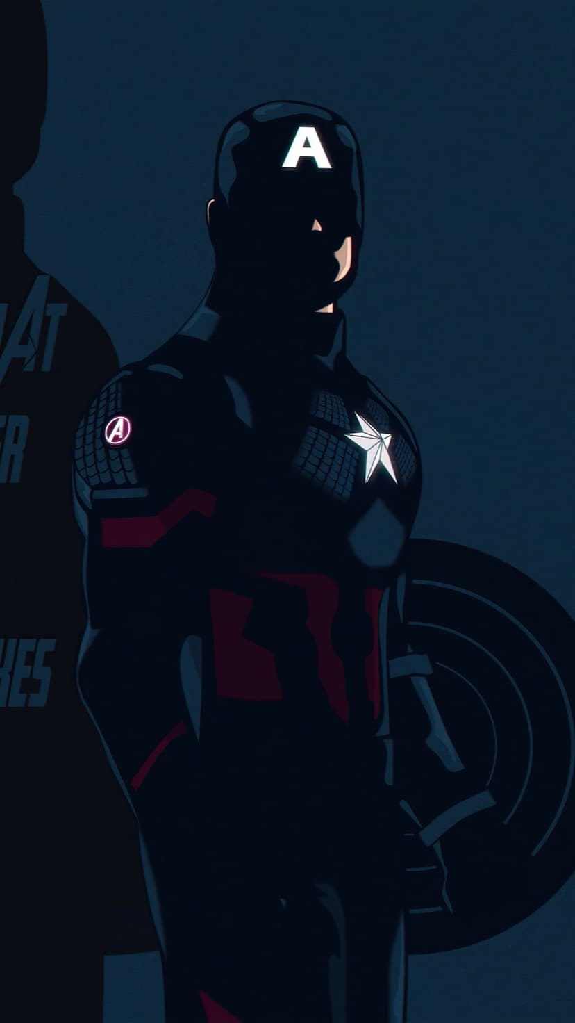 Captain America in a dark blue suit with a white star and helmet 'A' stands before a deep blue backdrop.