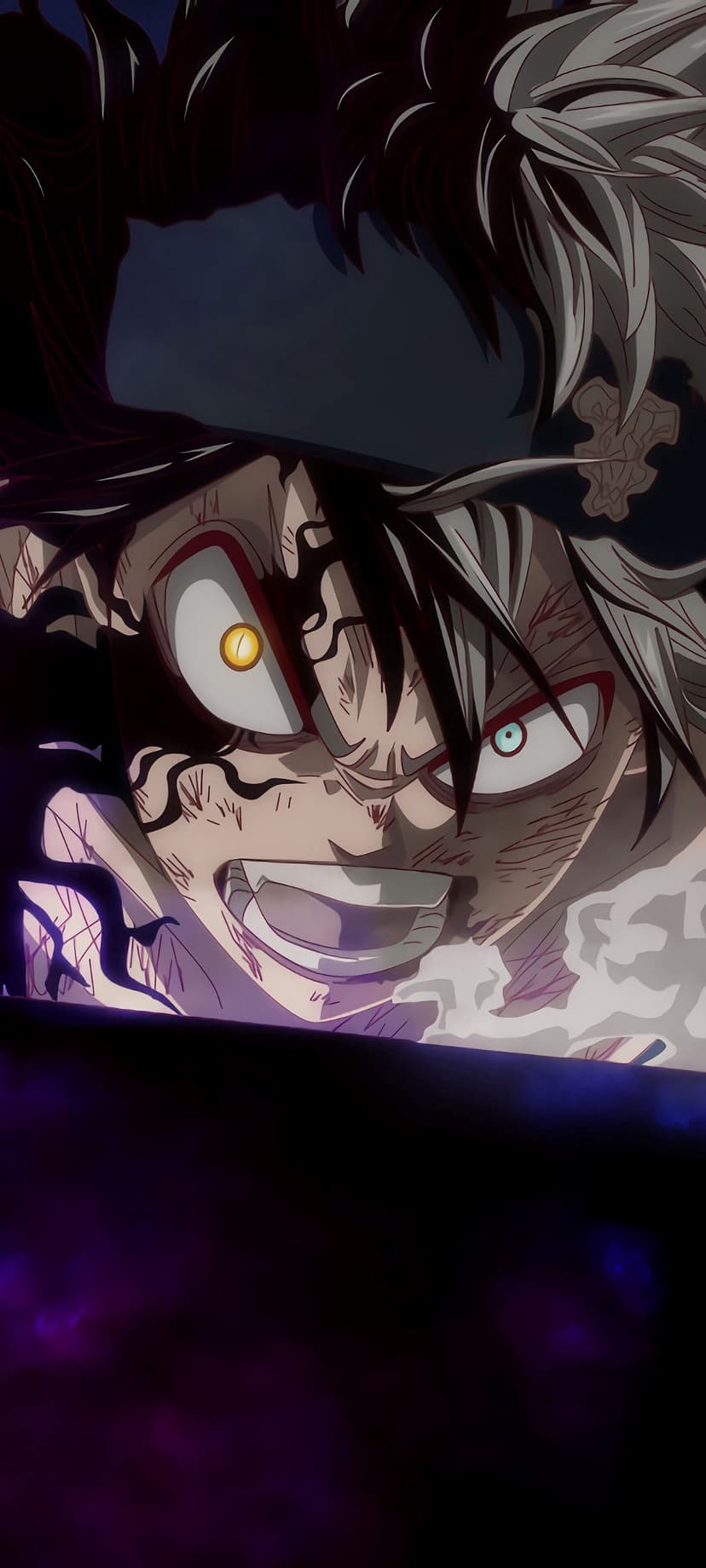 Asta stares forward with glowing red eyes and black facial markings amidst a swirling purple and dark aura.