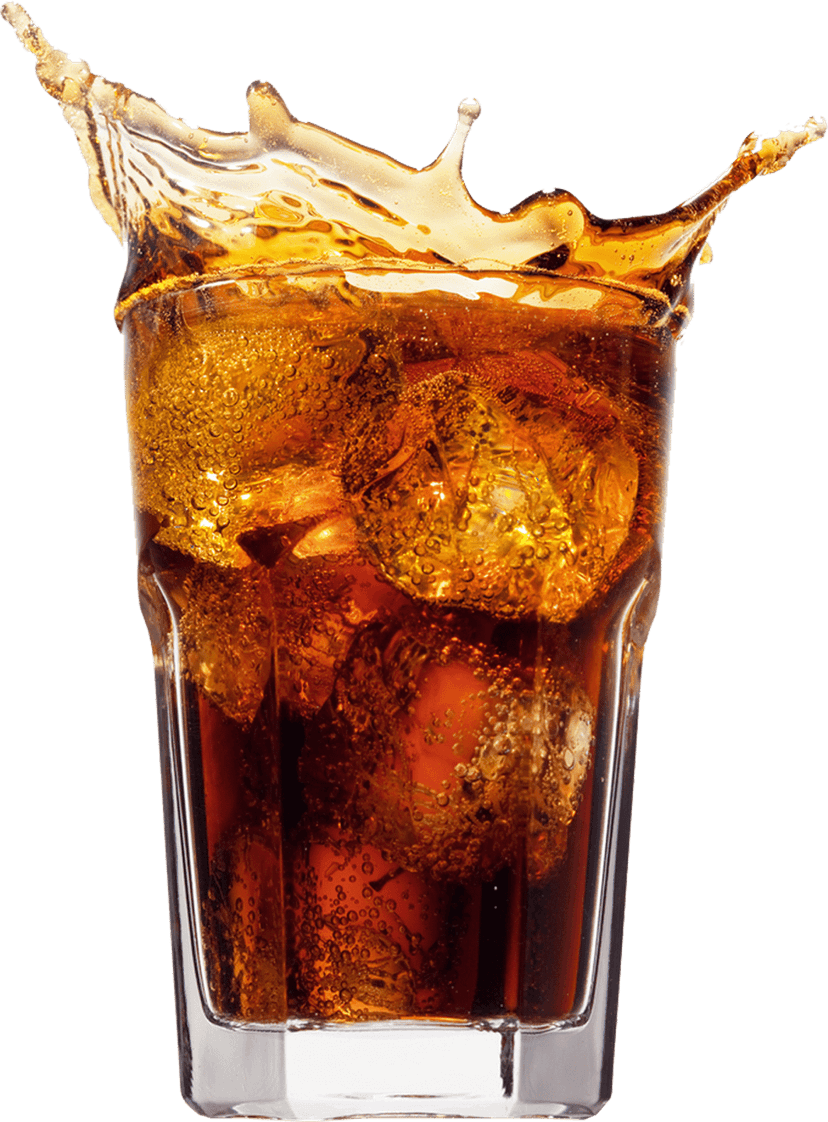 Coca Cola soft drink glass filled with dark carbonated liquid, ice cubes, and realistic condensation droplets.