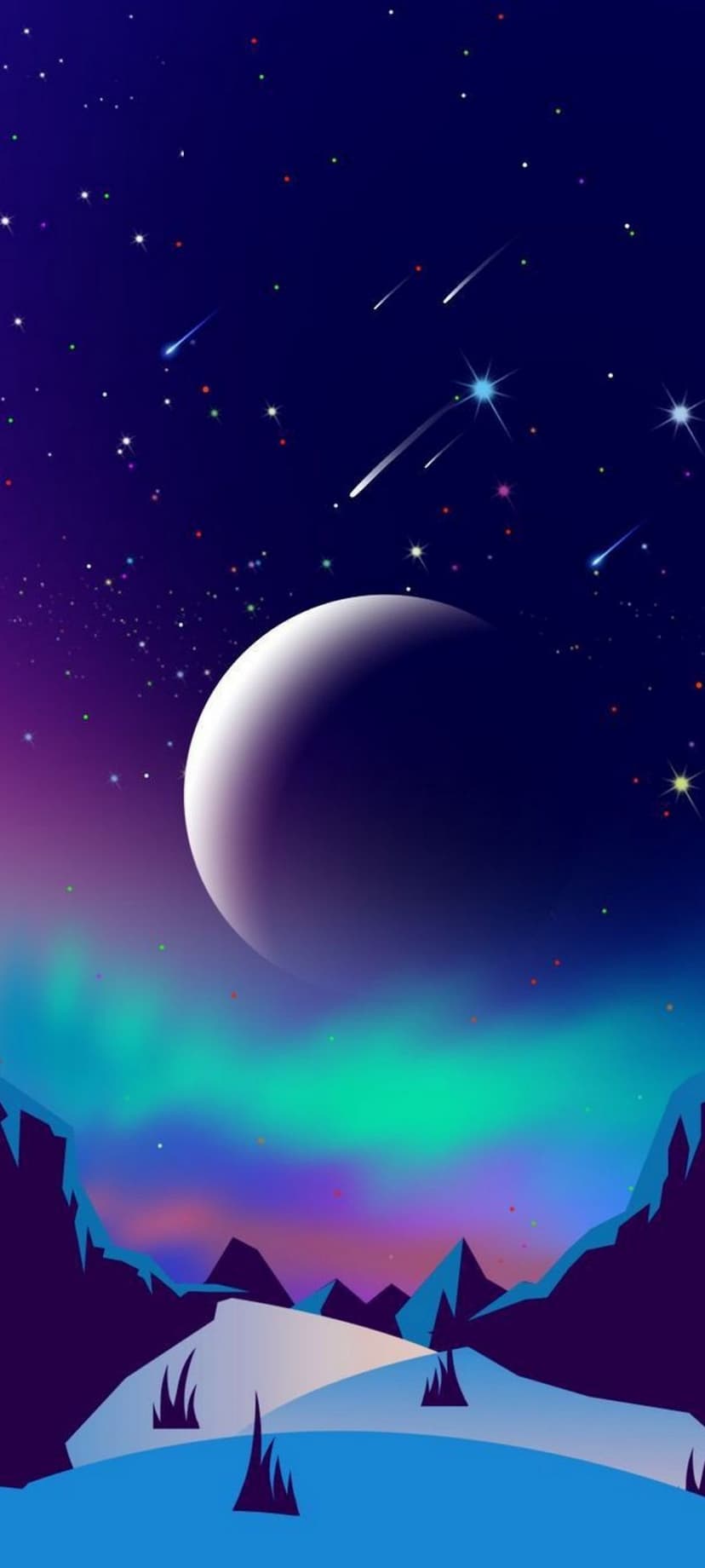Teal aurora borealis ribbons and a crescent moon shine over jagged snowy peaks and alien shrubs at night.