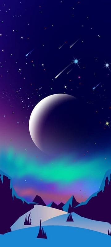 Cosmic Landscape: Aurora, Moon, and Shooting Stars