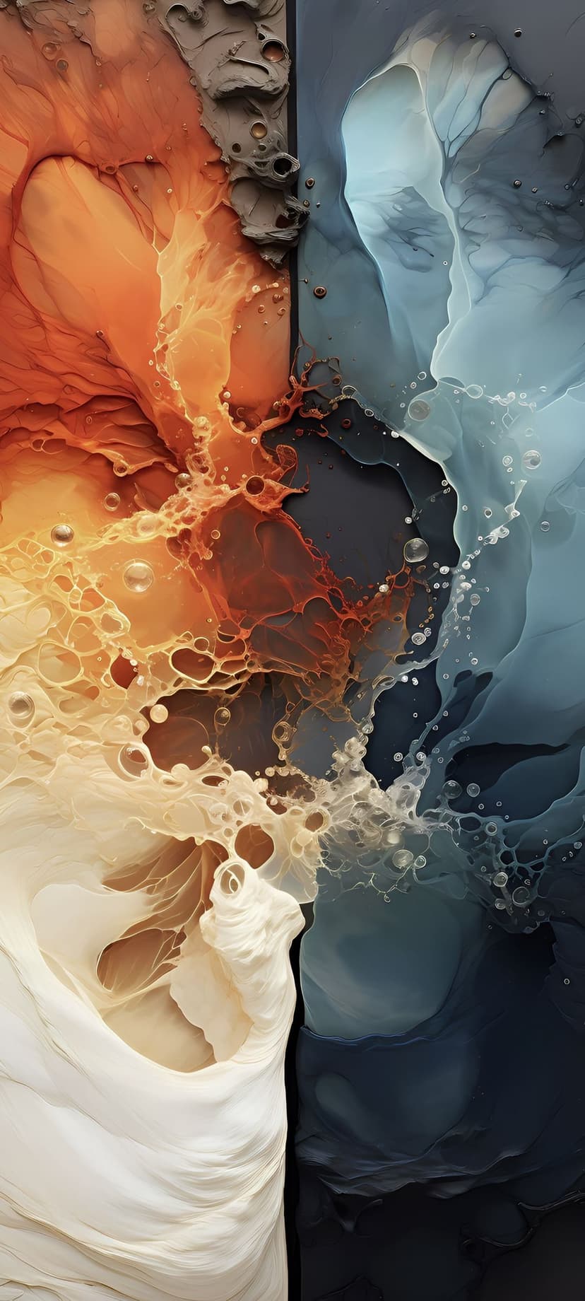 Orange and blue ink droplets swirl together with tiny bubbles and textured splatters in a vertical composition.