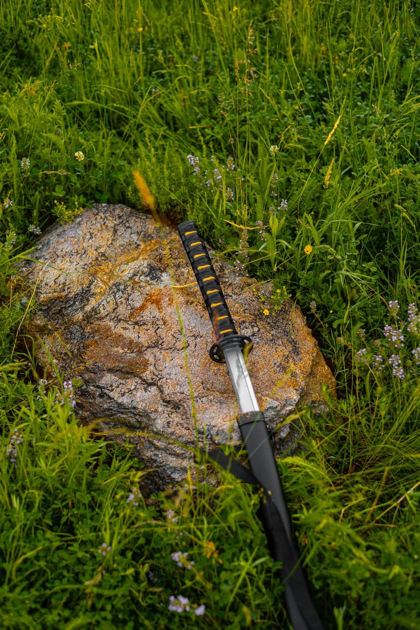 Katana sword with a black handle wrap resting on a grey rock surrounded by green grass and small wildflowers.