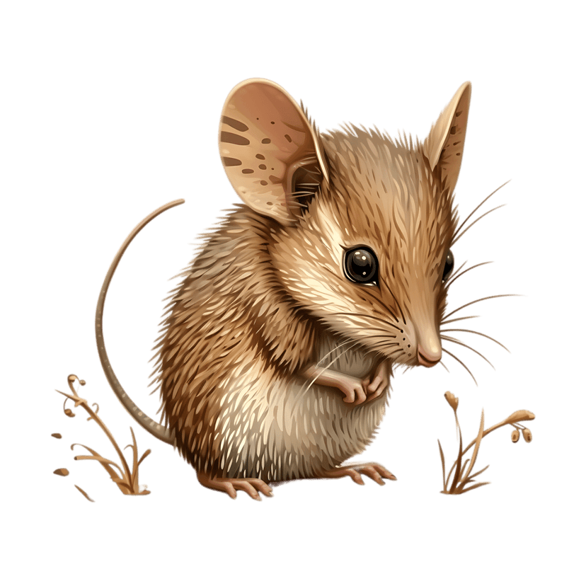 Brown field mouse sits among dry grass featuring detailed fur and long whiskers in a realistic illustration.