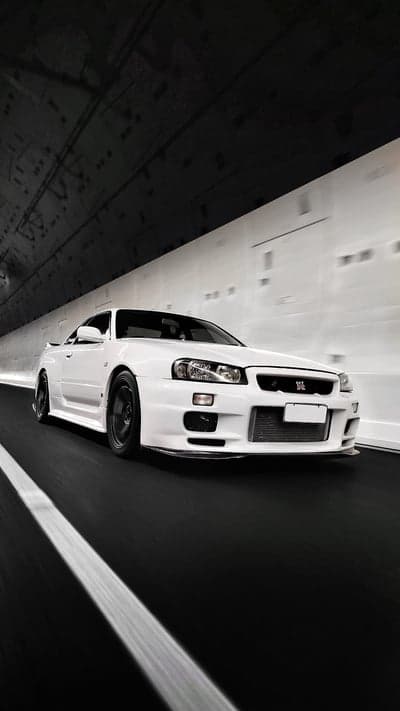 White Nissan Skyline R34 GT-R Tunnel Blur Mobile Wallpaper