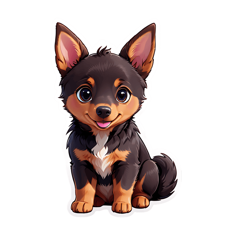 Black and tan puppy sticker with fluffy fur, white chest markings, and glossy eyes in a front sitting pose.