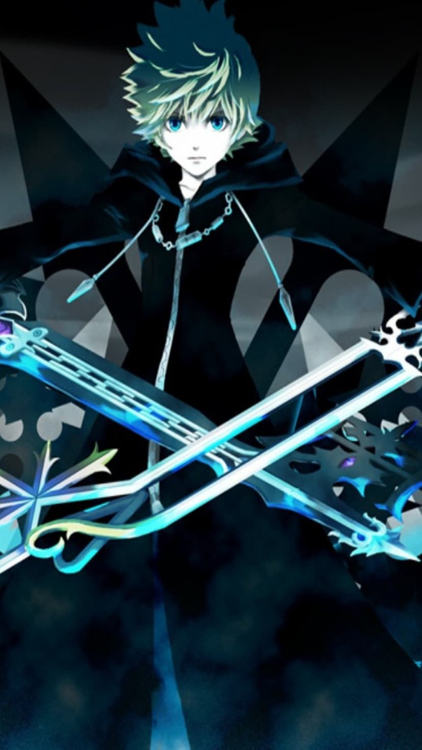 Roxas in a black cloak holding two glowing keyblades against a dark geometric background.