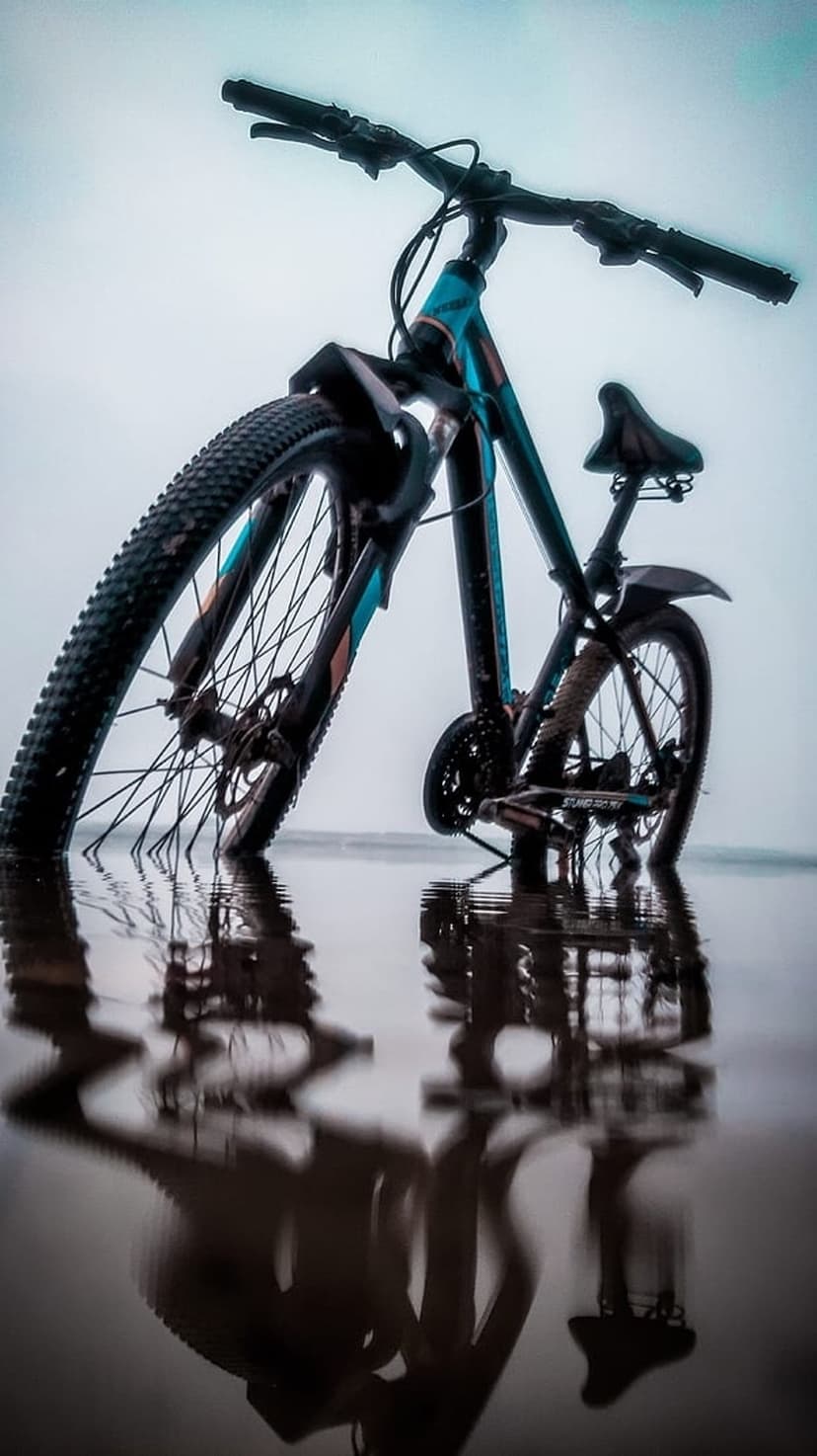 Bicycle tires rest in shallow water with a distorted mirror reflection visible on the rippled surface.