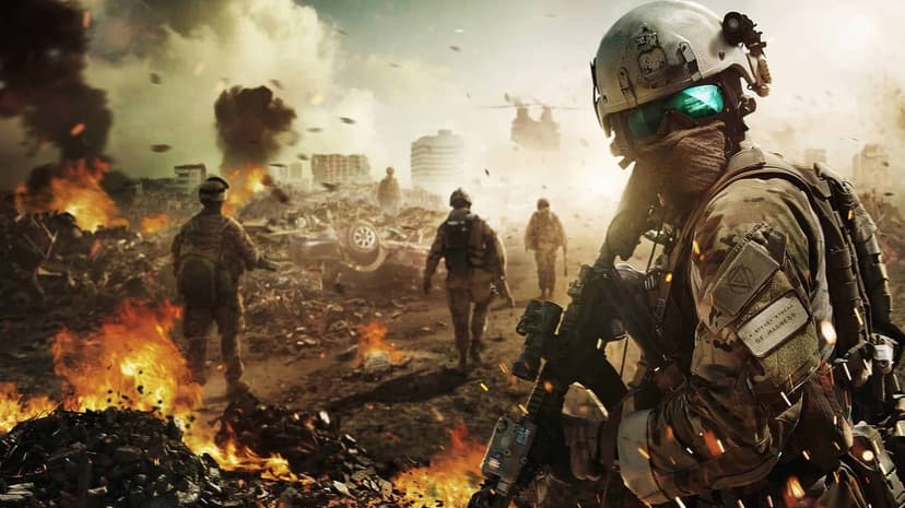 Tactical soldier with glowing goggles stands in a burning, ruined city with a helicopter in the background.