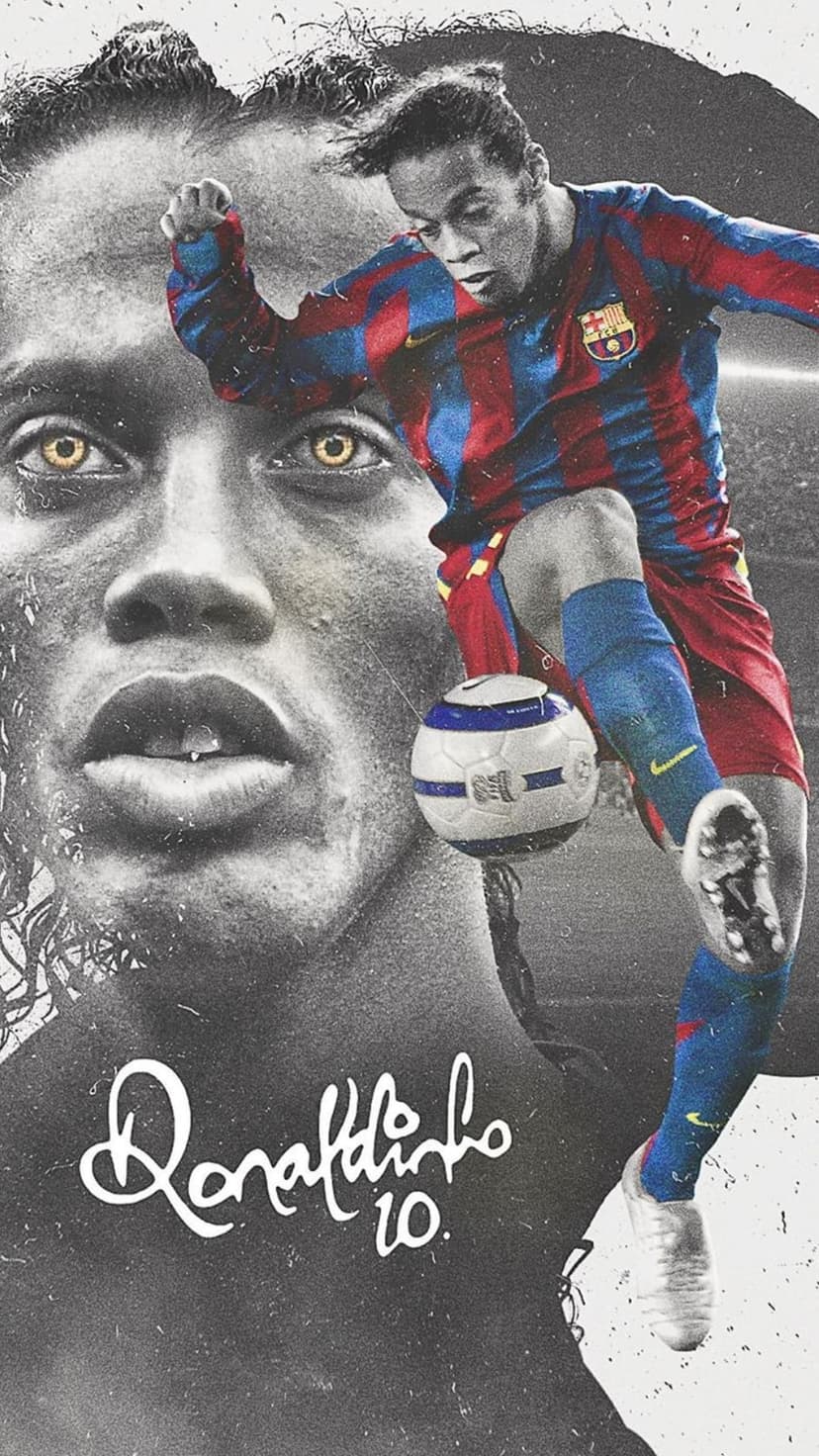 Ronaldinho Gaucho wears a Barcelona jersey while dribbling a soccer ball next to his handwritten signature.