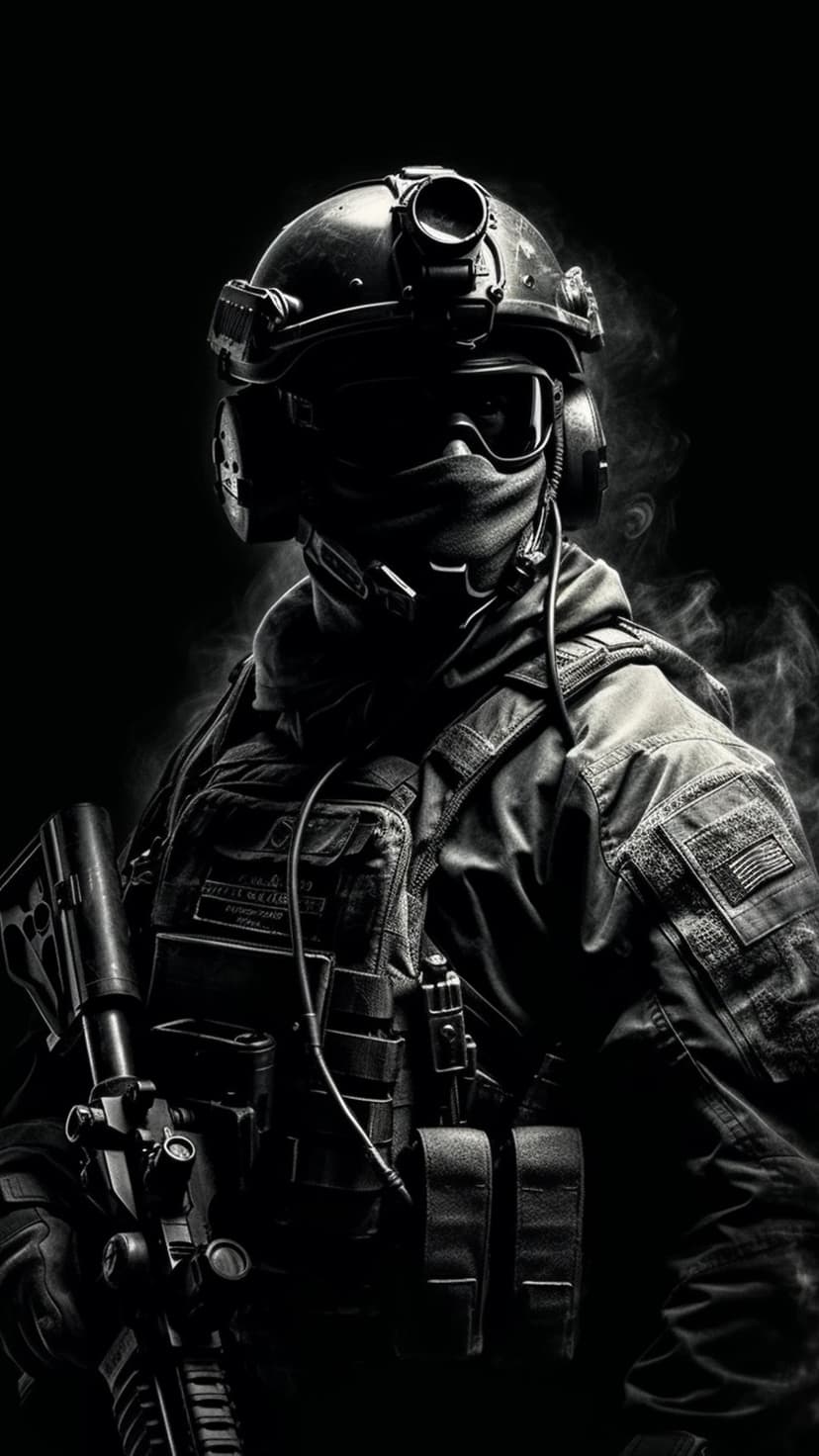 Tactical soldier wearing night vision goggles and a face mask holds a rifle surrounded by swirling white smoke.