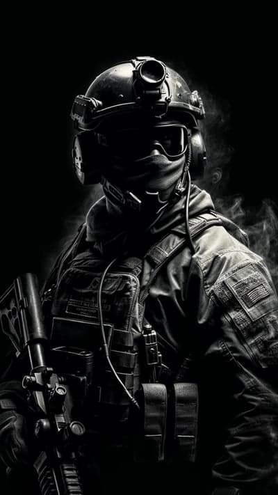 Soldier in tactical gear with rifle and smoke