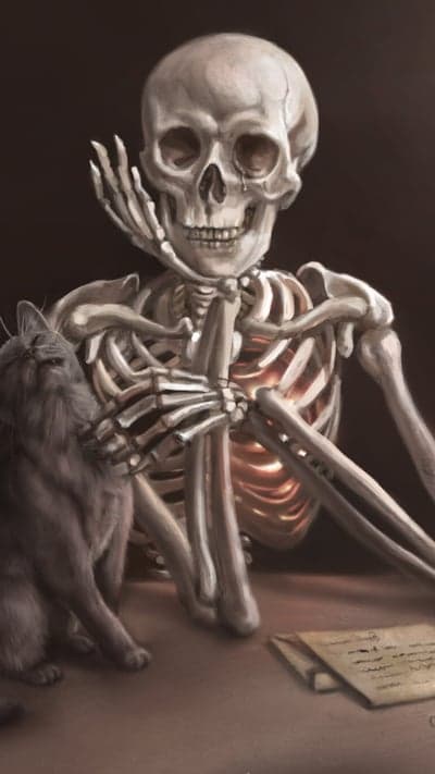 Skeleton and cat contemplating by candlelight