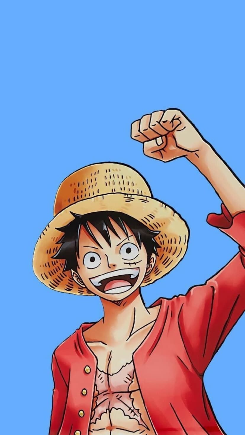 Monkey D. Luffy raises a clenched fist wearing a straw hat and red shirt against a solid blue background.
