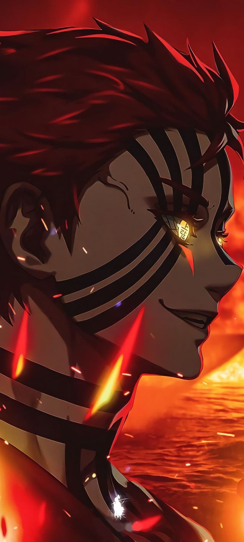 Akaza with blue facial markings and glowing yellow eyes gazes forward amidst swirling orange flames and embers.