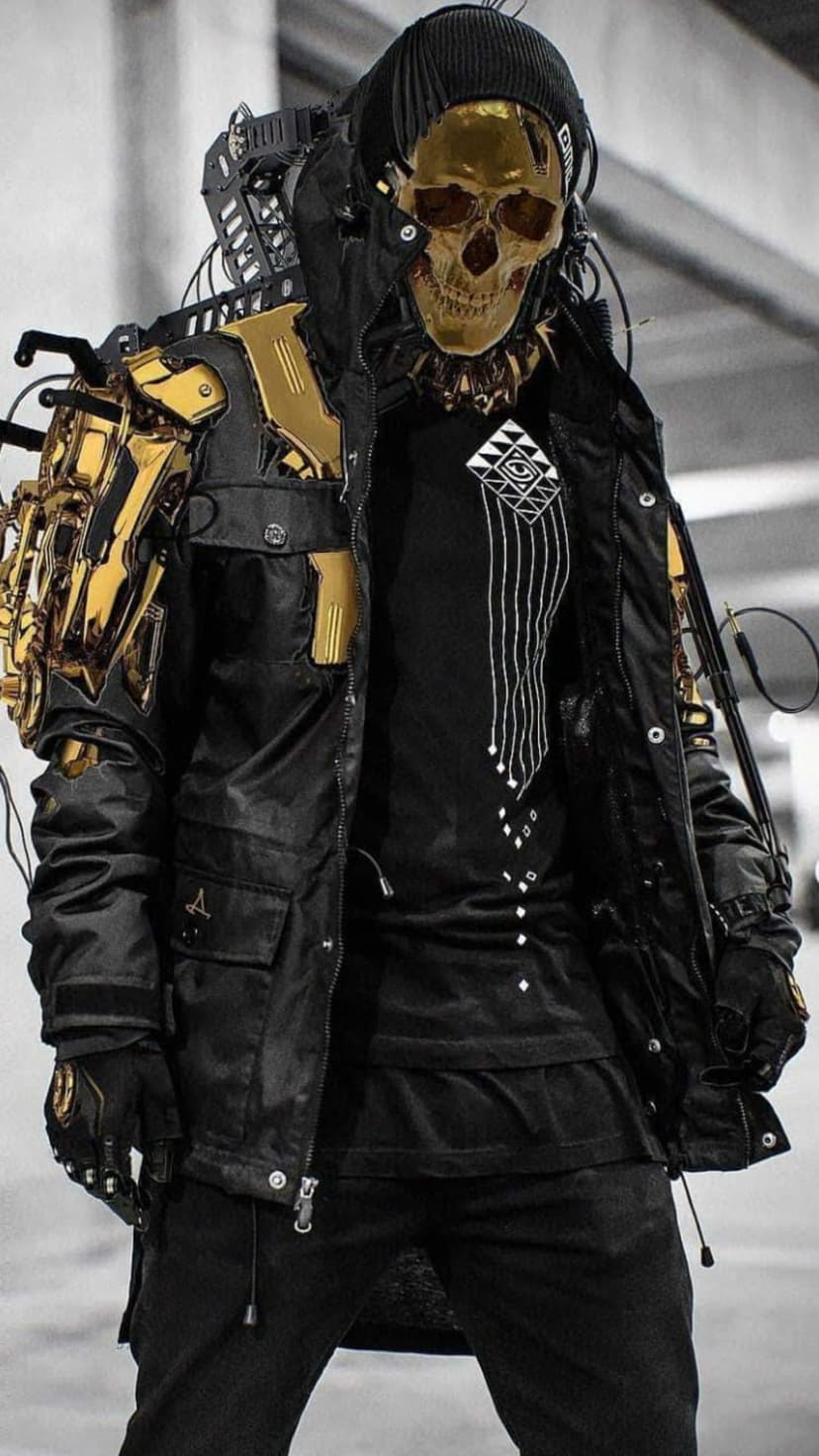 Cyberpunk character wearing a golden skull mask and mechanical arm standing against a dark urban backdrop.