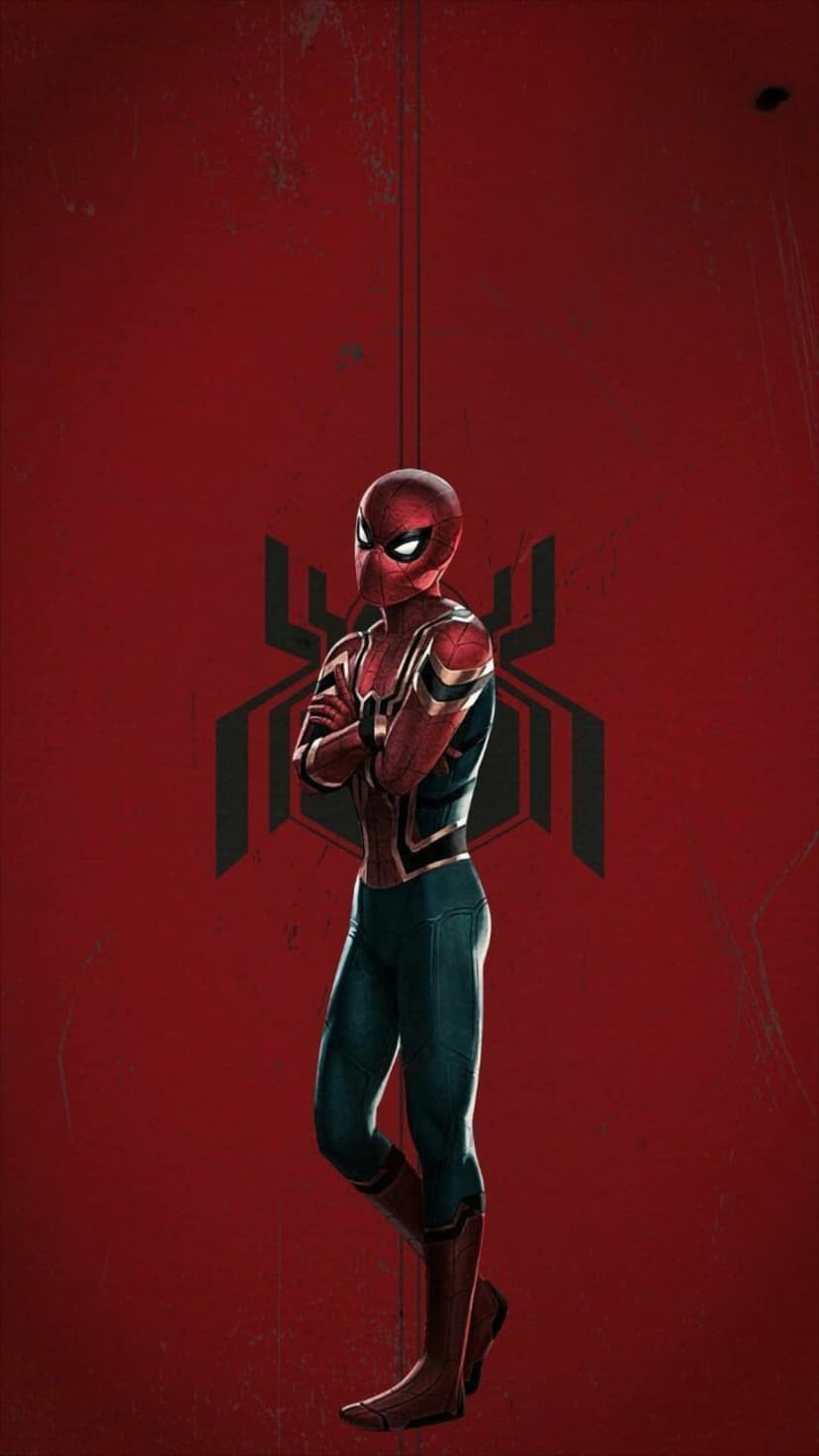 Spider-Man in the Iron Spider suit stands with crossed arms against a textured red background with a black emblem.