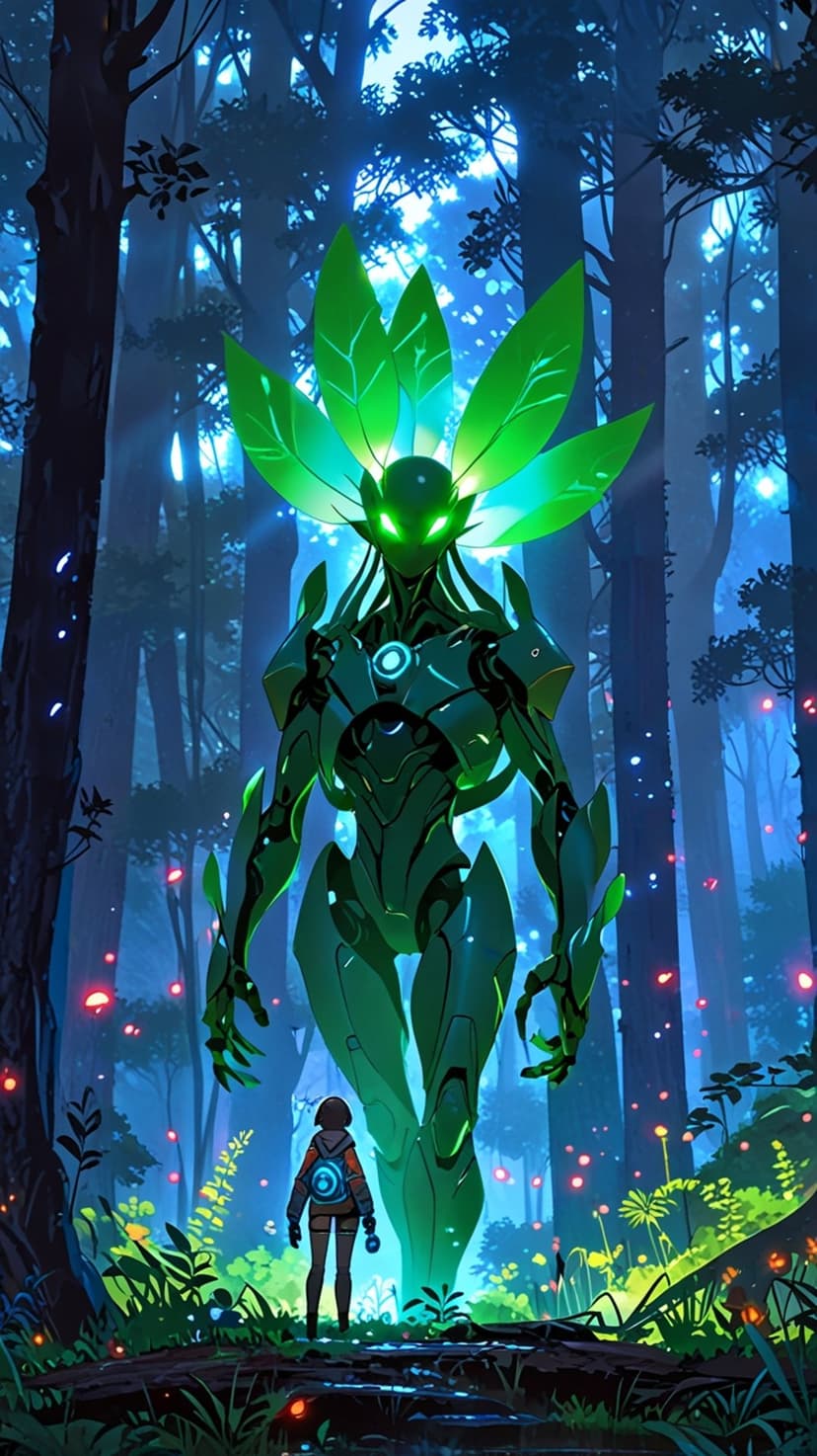 Giant green robot towers over a small hooded person in a misty forest filled with glowing blue and yellow lights.