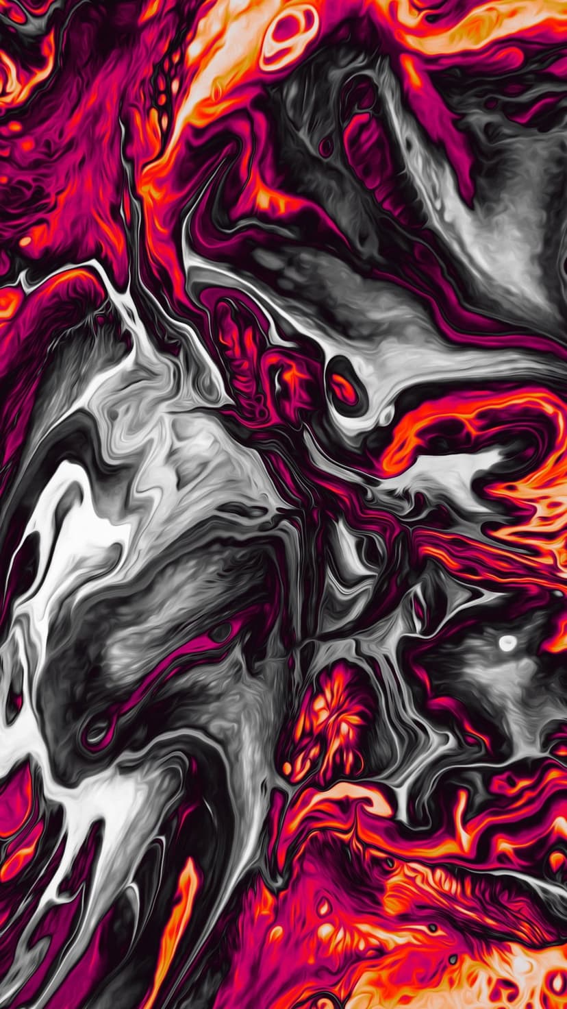 Vibrant pink and orange fluid swirls curve across a deep black background with high-contrast liquid textures.