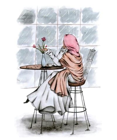 Woman in hijab contemplates flowers by rainy window
