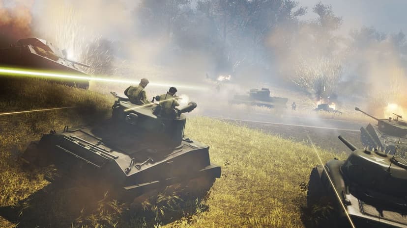 Sherman tanks engage in a fierce battle with explosions and tracer rounds across a smoky battlefield.