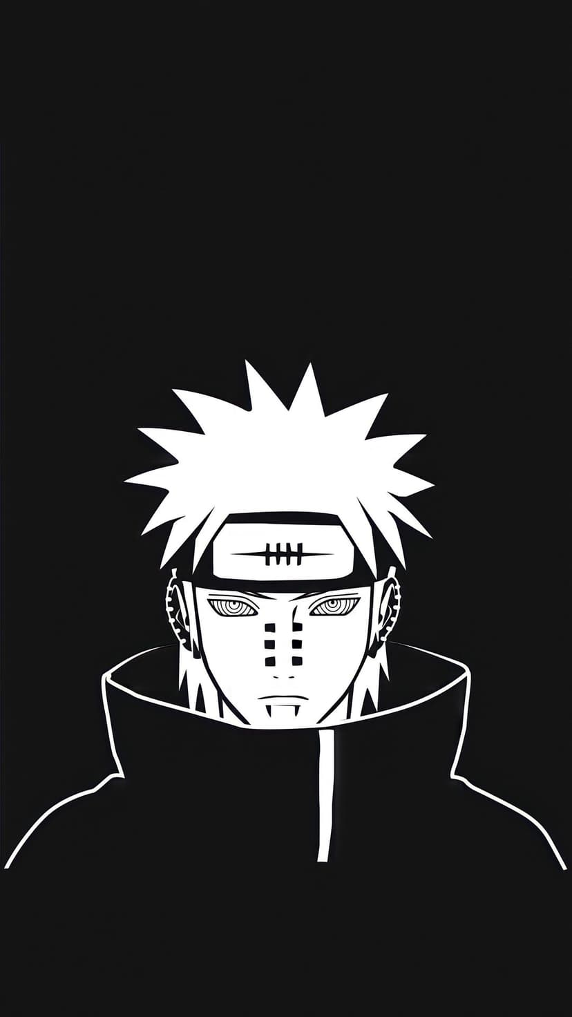 Pain stares forward with Rinnegan eyes while wearing a slashed leaf headband and Akatsuki high collar cloak.