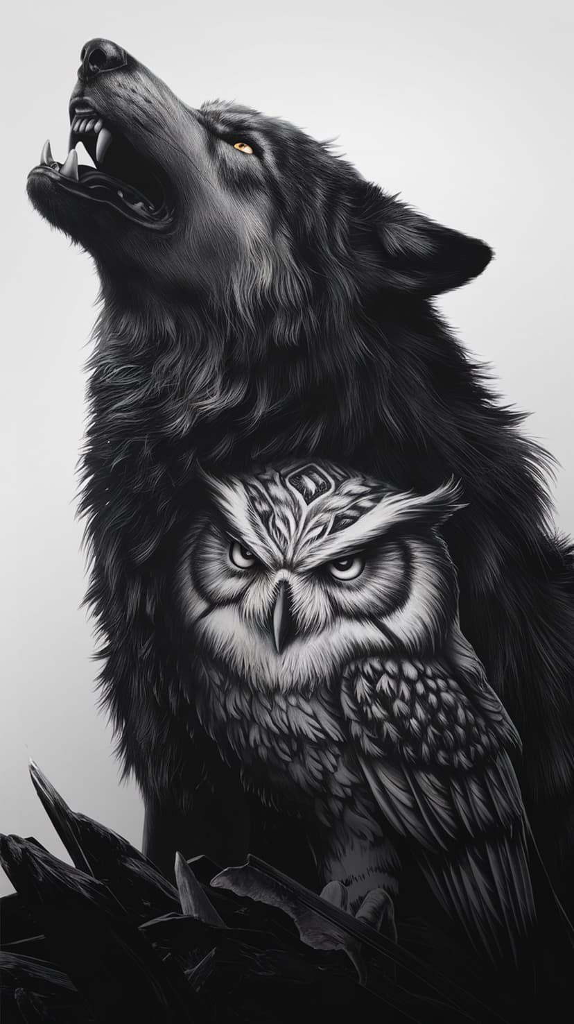 Wolf howling with yellow eyes above an owl perched on dark branches, set against a black background.