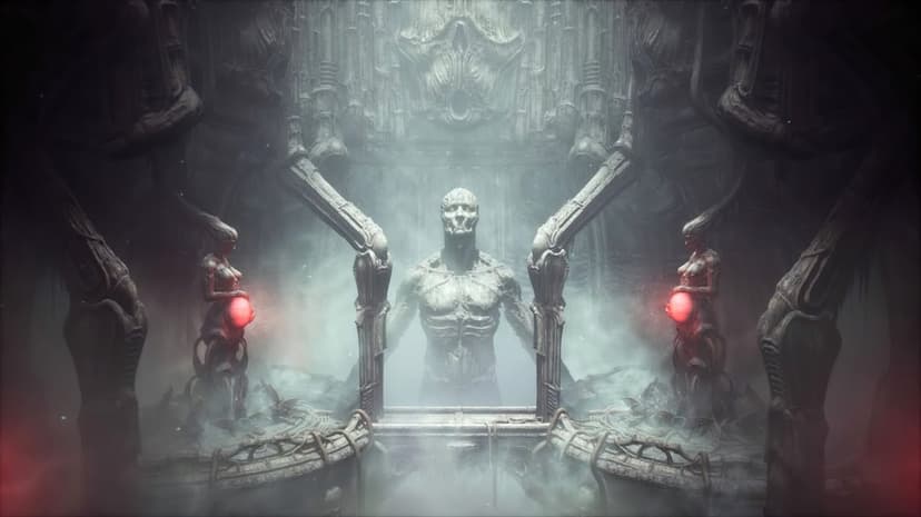 Skeletal humanoid statue centered between two biomechanical figures holding glowing red orbs in a misty dark hall.