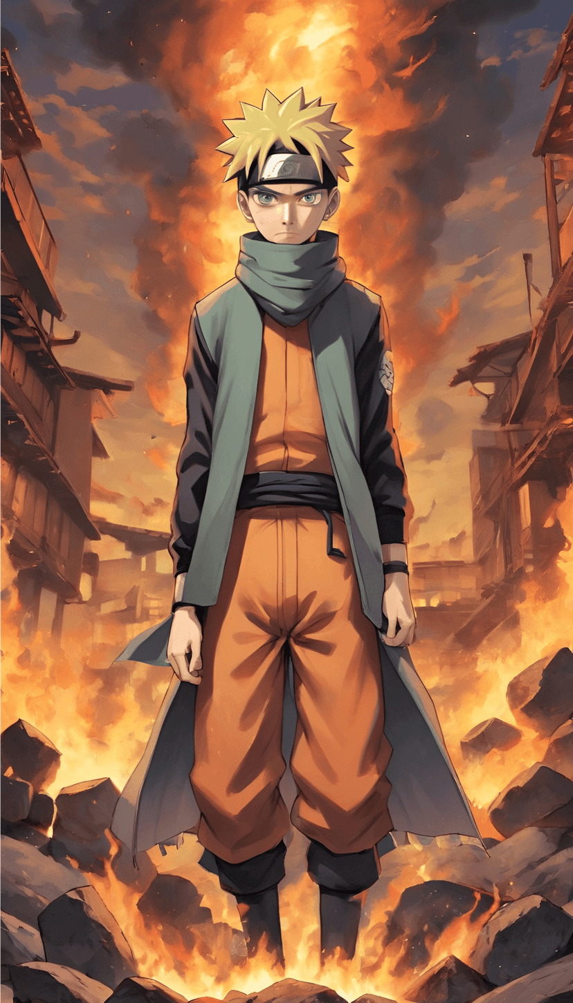 Naruto Uzumaki in a green cloak stands before flaming ruins and debris under a dark, smoky sky.