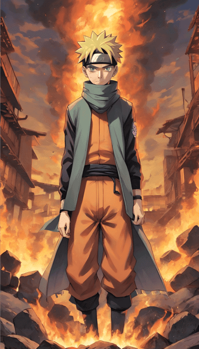 Naruto Uzumaki Standing in Burning Village Mobile Background