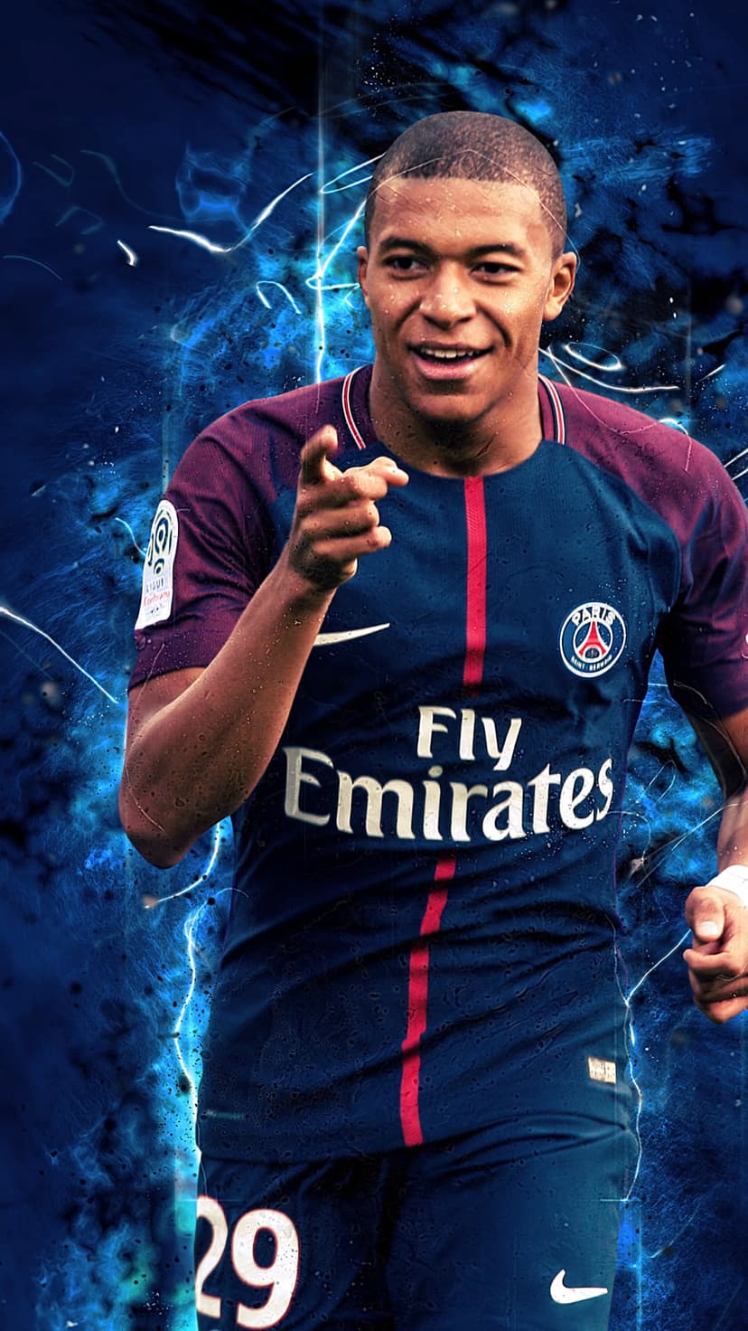 Kylian Mbappé in a blue Paris Saint-Germain jersey stands before electric blue lightning streaks and abstract art.