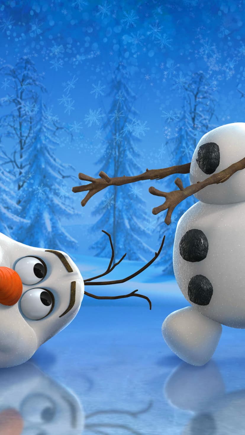 Olaf the snowman reclines on a frozen lake with a twig-armed companion in a snowy winter forest.