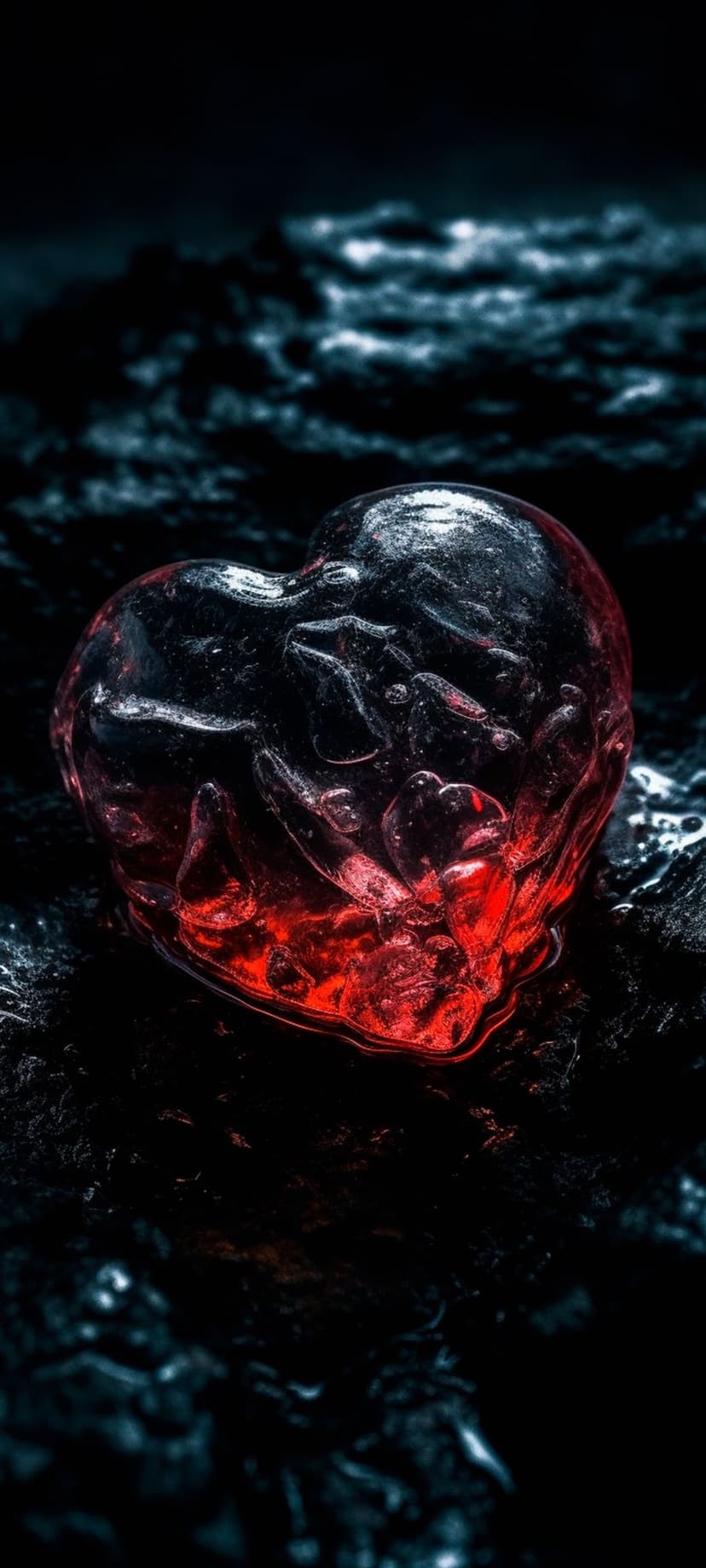 Heart-shaped ice sculpture containing a glowing red core sits on a dark, craggy and textured alien surface.
