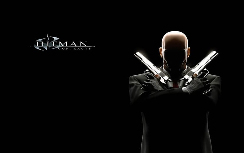 Agent 47 in a dark suit holding crossed silver pistols against a black background with Hitman Contracts logo.