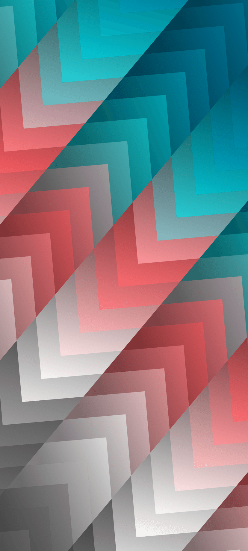 Teal and coral zigzag prisms overlap in a repeating geometric pattern with subtle depth and gray shading.
