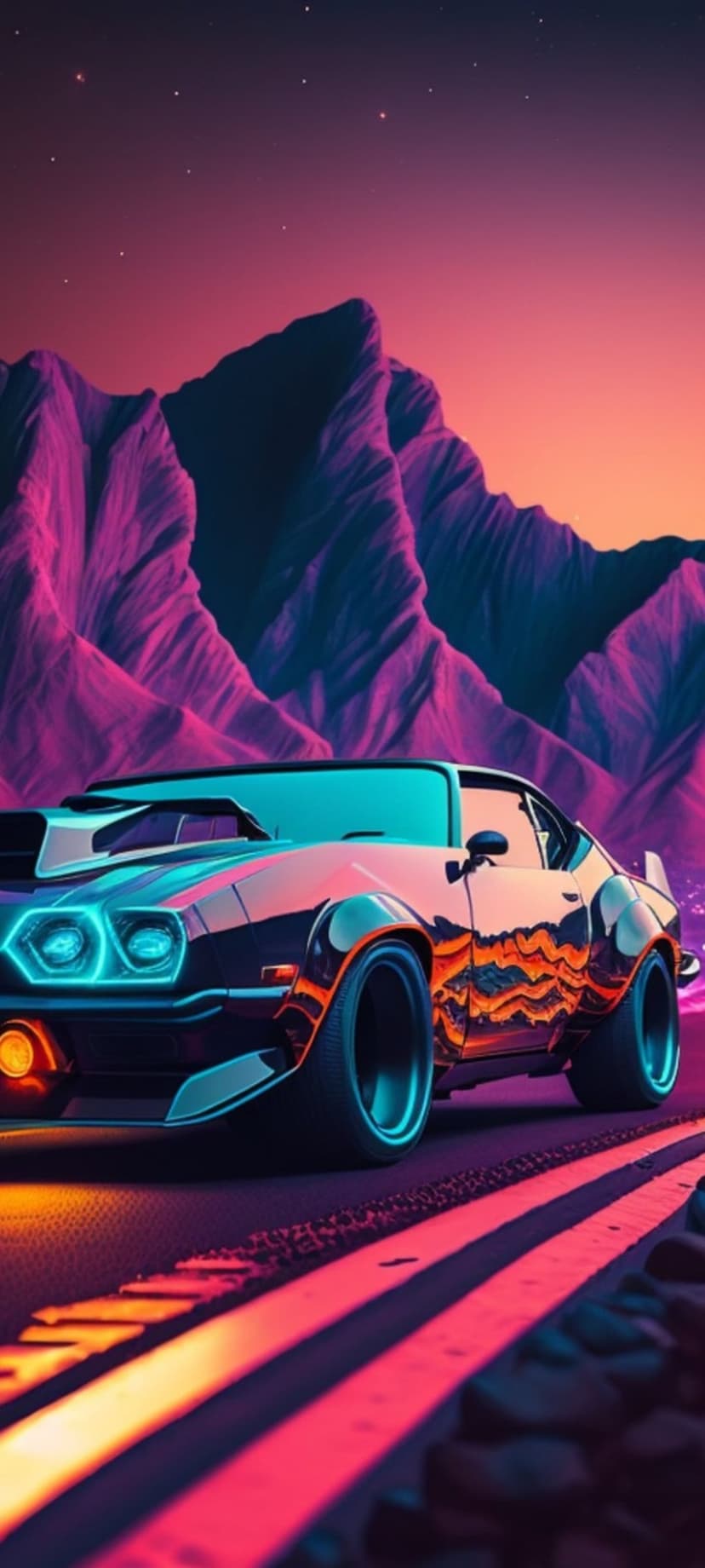 Vintage muscle car with glowing neon accents driving on a winding mountain road under a purple starry sky.