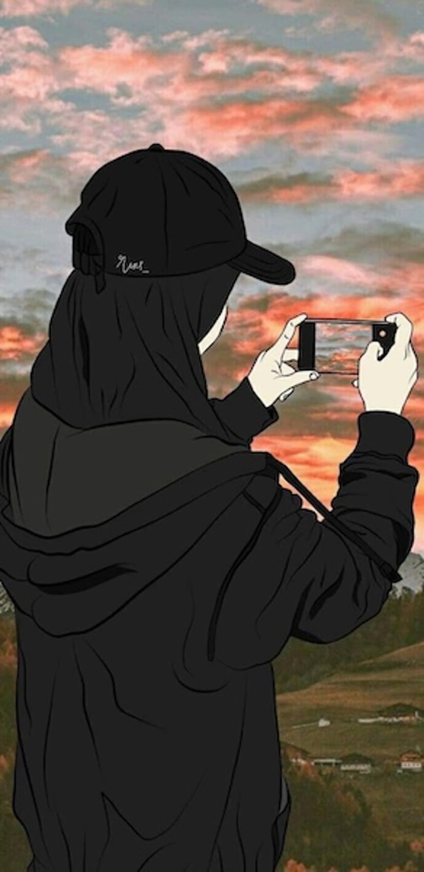 Woman in a black hijab and baseball cap takes a smartphone photo of a cloudy orange sunset over rolling hills.