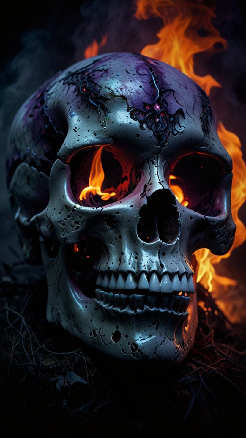 Burning human skull with glowing purple eye sockets and thick charcoal smoke rising against a dark backdrop.