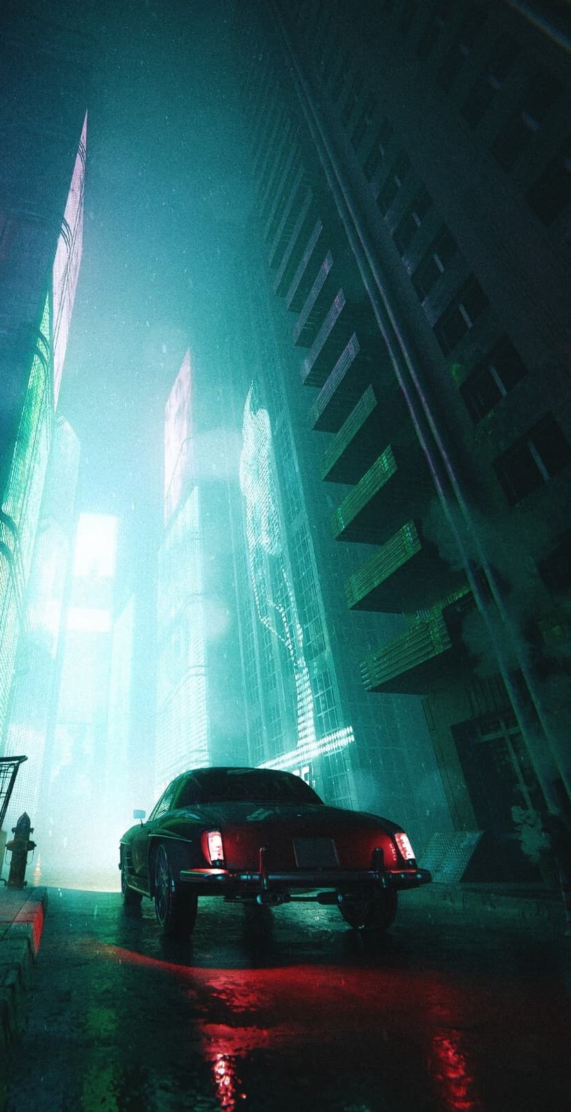 Vintage red car driving through a narrow rainy alleyway lined with tall neon skyscrapers and holograms.
