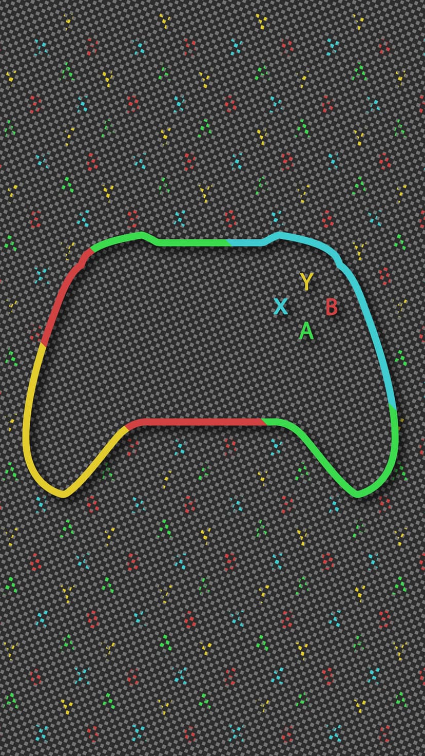 Game controller silhouette in bright primary colors centered on a black background with scattered neon-colored dots.