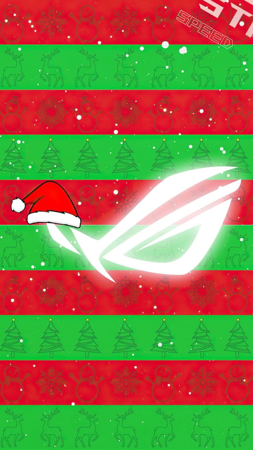 ROG logo wearing a red Santa hat against a backdrop of red and green stripes with reindeer and snowflake patterns.