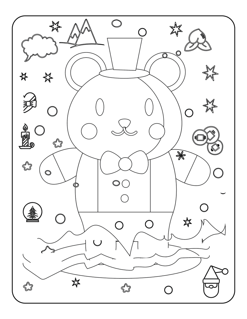 Teddy bear coloring page featuring a bear in a top hat and bowtie near a snow globe and Santa illustration.