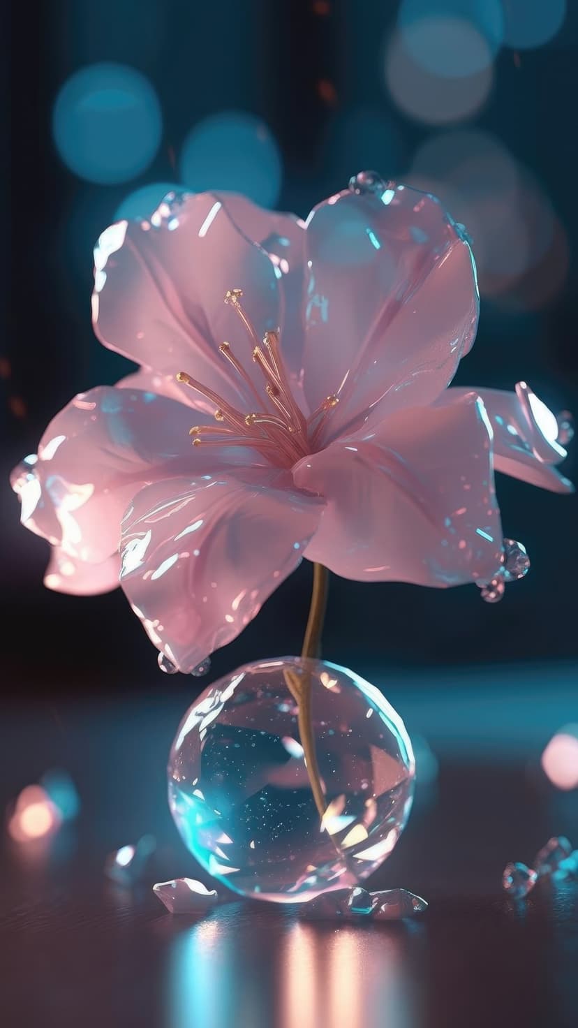 Pink flower inside a glass sphere with glistening water droplets against a blurred blue and pink bokeh background.