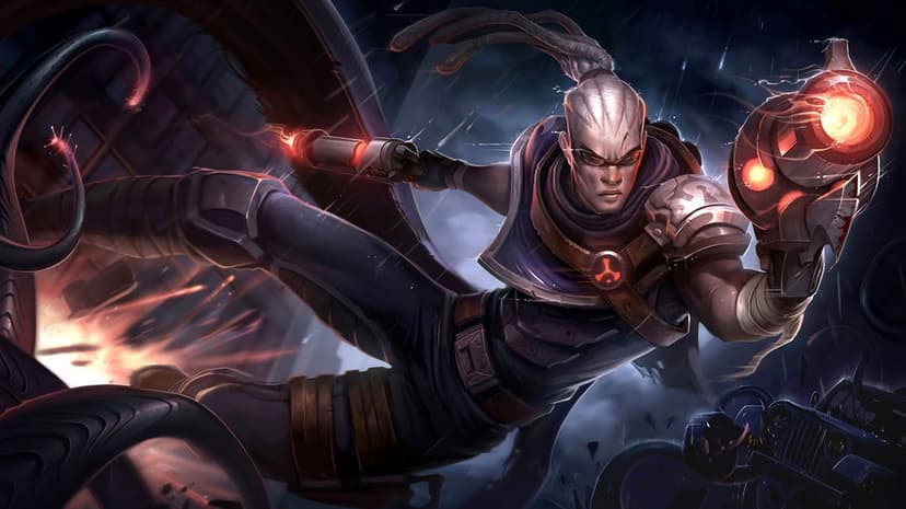 A warrior with white dreadlocks fires glowing orange blasters amidst rain and debris in a dark industrial scene.