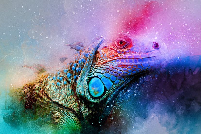 Multi-colored chameleon with intricate scales peers through purple and pink smoke swirls against a dark void.