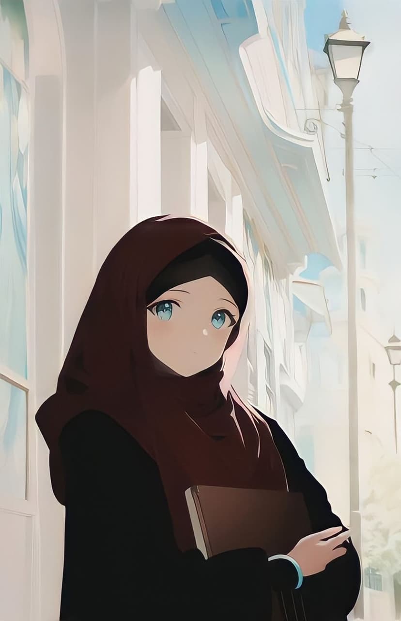 Young woman in a red hijab holding a book with piercing blue eyes against a soft-focus urban background.