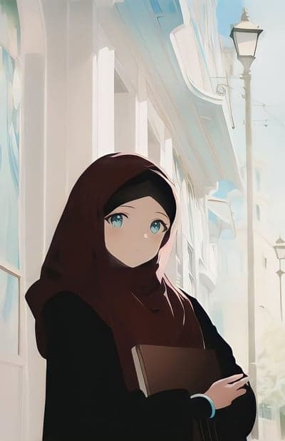 Anime girl in hijab holding a book